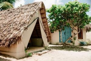 een klein huis met een rieten dak en een boom bij Vila Prana in Barra Grande