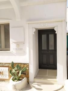 a black door in a white house with a potted plant at Narcissus Luxury Suites in Naxos Chora