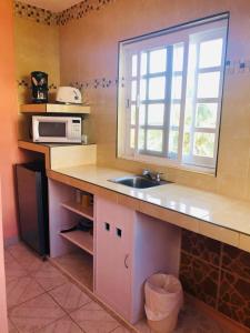 a kitchen with a sink and a microwave at Hotel Francis Arlene Adults Only in Isla Mujeres