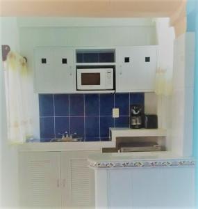 a small kitchen with white cabinets and a microwave at Hotel Francis Arlene Adults Only in Isla Mujeres