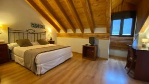 a bedroom with a bed and a desk and a television at Roca Blanca in Espot