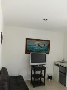 uma sala de estar com um sofá e uma televisão numa mesa em Milenio III B&B em Querétaro