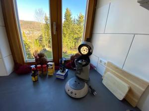 a counter top with a blender and a window at Ferienwohnung Sonnenhang 3 in Albstadt