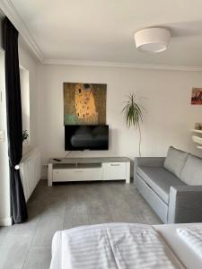 een woonkamer met een bank en een flatscreen-tv bij Apartment Martinstraße 7b in Hannover