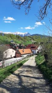 a dirt road with houses and mountains in the background at Casa In Curte La Zavate in Bran