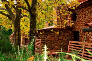 a stone building with a bench next to a tree at Royo Guarde, junto al río Mundo in Riópar