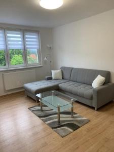 uma sala de estar com um sofá e uma mesa de vidro em Apartmán Frymburk 30 em Frymburk