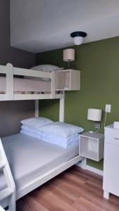 a bedroom with bunk beds and a green wall at Vakantiehuis Jade in Bruinisse +65 photos
