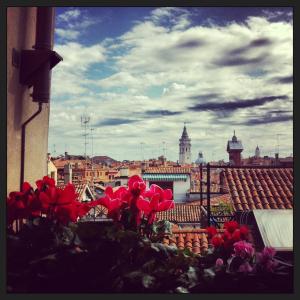 uma vista da cidade a partir de uma janela com flores vermelhas em Lion Rooftop Apartments Venice NOVITA' em Veneza