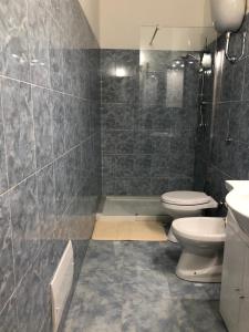 ein Bad mit einem WC, einem Waschbecken und einer Dusche in der Unterkunft Elegante monolocale al centro del paese in Teulada