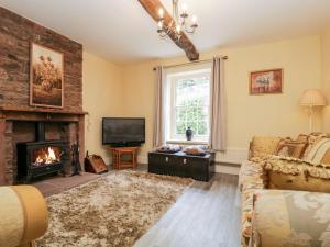 a living room with a fireplace and a tv at Otters Holt in Newby