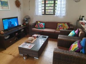 a living room with a couch and a tv at Eve and Sandys Holiday Home in Rarotonga