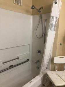 a bathroom with a shower and a bath tub at wallaceburg inn in Wallaceburg