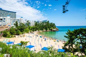 Plaża z grupą ludzi i ocean w obiekcie Sol Beach Samcheok w mieście Samcheok