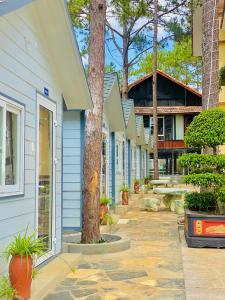 a row of blue houses with trees and plants at Henisi Homestay Măng Đen in Kon Von Kla