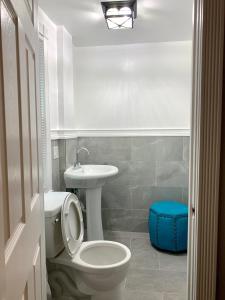 uma casa de banho com um WC e um lavatório em The Prospect Point Penthouse- Yard & Parking, Minutes From Falls & Casino by Niagara Hospitality em Niagara Falls