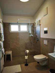 uma casa de banho com um chuveiro, um WC e um lavatório. em Uferloft em Immenstaad am Bodensee