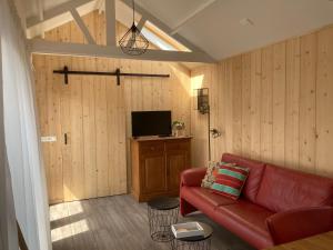 a living room with a red couch and a tv at Vakantiehuis 't Laaisterplakky zonder drempels in Oude Bildtzijl