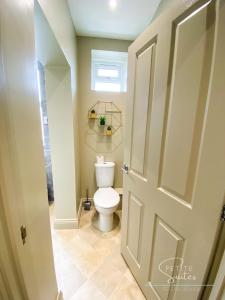 een badkamer met een toilet en een deur bij The Wild Fauna Suite - Petite Suites in Peterborough