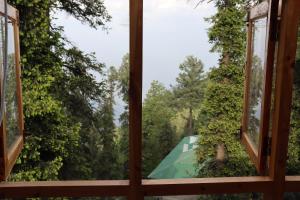 ein offenes Fenster mit Blick auf einen Wald in der Unterkunft Hotel Al Azeem in Ayubia