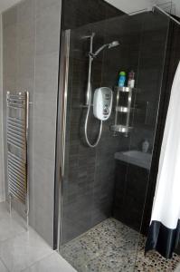 eine Dusche mit Glastür im Bad in der Unterkunft Bay View in Killough