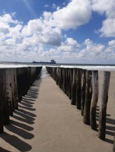een pier op het strand met de oceaan op de achtergrond bij Apartment Bolwerkzicht in Middelburg