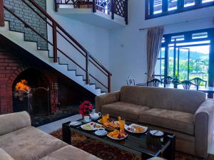 a living room with a couch and a fireplace at Lake View Holiday Resort in Nuwara Eliya