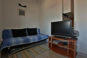 ein Wohnzimmer mit einem blauen Sofa und einem TV in der Unterkunft Apartman Branko in Pag
