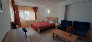 une chambre d'hôtel avec un lit, une table et des chaises dans l'établissement Apartamente Cristina in Vila, à Buşteni