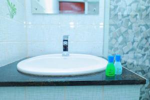 un lavandino in bagno con due bottiglie di sapone su un bancone di Lake View Holiday Resort a Nuwara Eliya