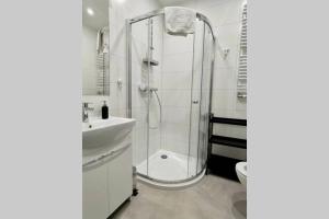 a bathroom with a shower and a sink and a toilet at Easy Rent Apartments - BUSINESS CENTER 126 in Lublin