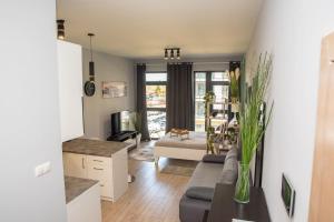 Easy Rent Apartments - BUSINESS CENTER 126 في لوبلين: غرفة معيشة مع أريكة وتلفزيون