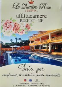 un folleto para un hotel con piscina y rosas rosas en Le Quattro Rose, en Diamante