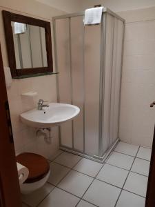 uma casa de banho com um chuveiro, um lavatório e um WC. em La Locanda Della Pineta em Bertonio