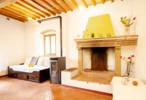 uma sala de estar com uma cama e uma lareira em Casetta de Sodoni em Pomaia