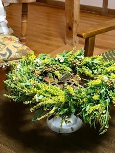 a plant in a white vase on the floor at Travelers House おーさんてぃん青空舎 in Taketomi