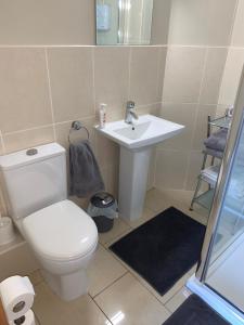 La salle de bains est pourvue de toilettes blanches et d'un lavabo. dans l'établissement Sliabh Amharc, à Laragh