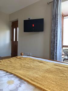 1 dormitorio con 1 cama y TV en la pared en Sliabh Amharc, en Laragh