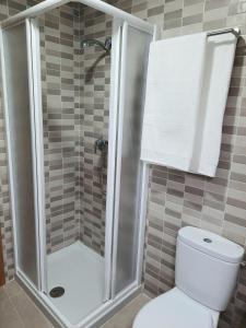 a bathroom with a shower with a white toilet at Apartamentos Clavero 10 in Plasencia