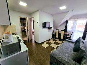 a living room with a couch and a table with a tv at Marika Apartman Sopron in Sopron