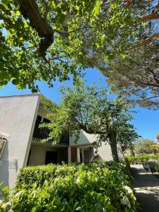 サン・シプリアンにあるCosy Laguneの目の前に木々が植えられた白い家