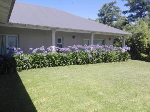 una casa con flores púrpuras en el patio en Villa Clarita Tandil en Tandil