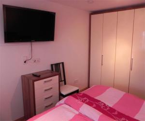 1 dormitorio con 1 cama, vestidor y TV en Ferienwohnung Stryck en Tettnang