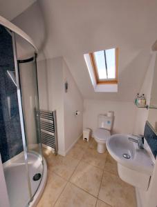 a bathroom with a shower and a toilet and a sink at Anniston Farm Cottages in Inverbervie +37 photos