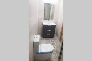 uma casa de banho com um WC, um lavatório e um espelho. em VITORETXEA casa rural AGUILAR DE CODES em Aguilar de Codés