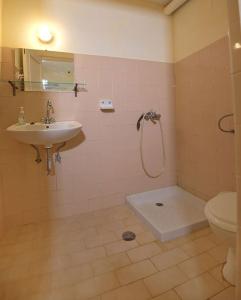 a bathroom with a shower and a sink and a toilet at Rizos Veranda - Rooms in Isómata +58 photos