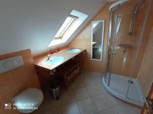 a bathroom with a sink and a shower at Le Casino à larmor in Plougastel-Daoulas