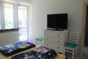 sala de estar con TV y tocador con cama en Pokoje goscinne na Wodnej, en Lidzbark