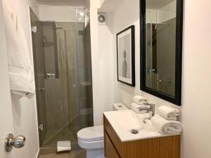 a bathroom with a toilet and a sink and a shower at Bright 1BR in Barranco in Lima