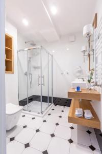 a bathroom with a shower and a toilet and a sink at GLAM APARTMENTS city center in Warsaw
